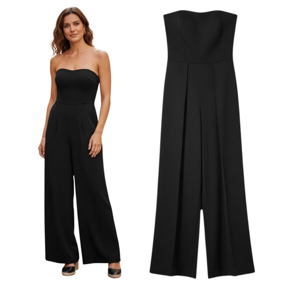 Lulus Black Strapless Wide Leg Jumpsuit Front Slit Evening Cocktail Formal M - Picture 1 of 14